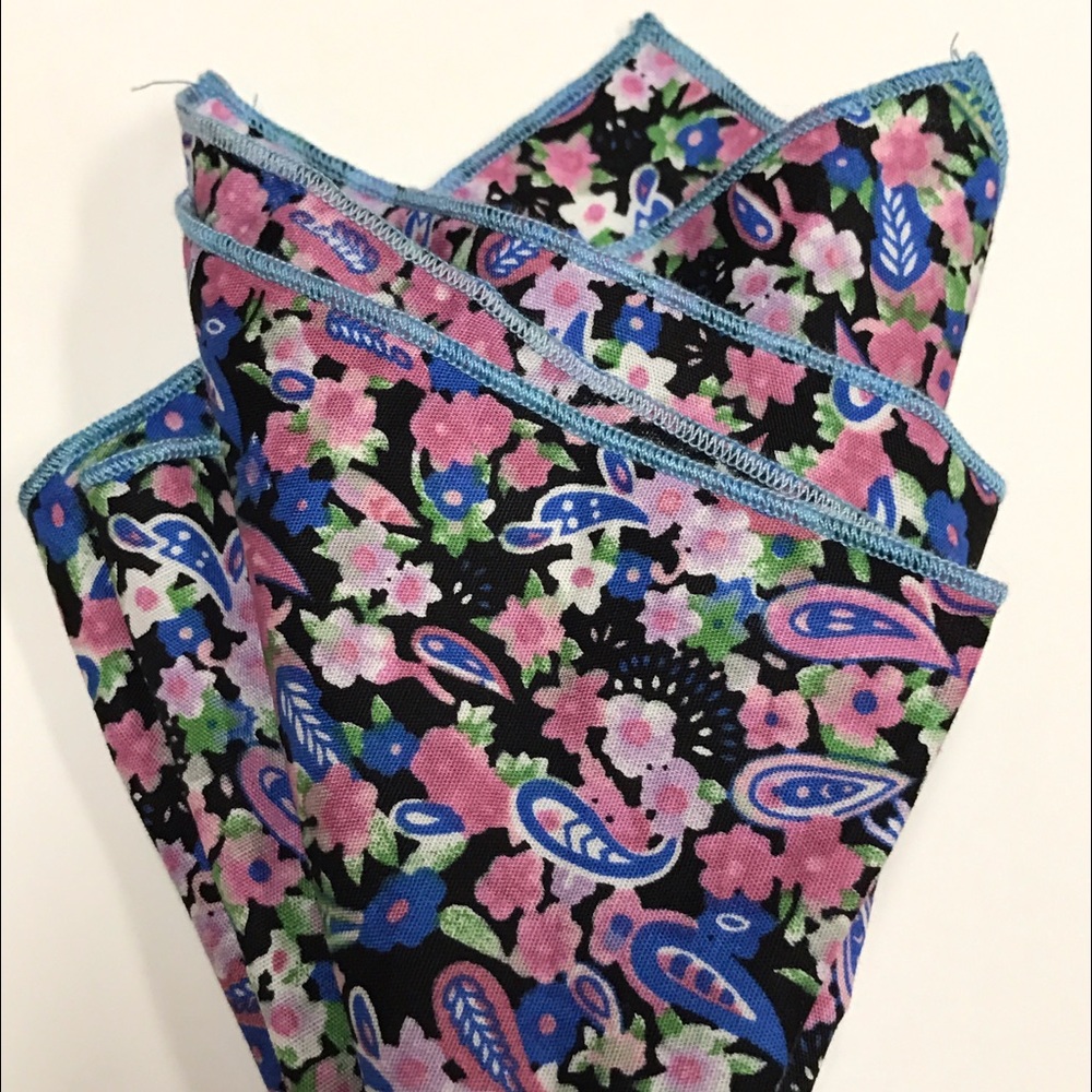 Black with Pink & Blue Floral Print Pocket Square